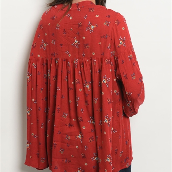 BOHO RED FLORAL TASSEL TIE TOP - Picture 2 of 3